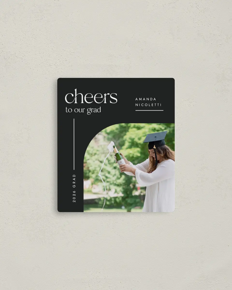 This is a 3½" x 4" Graduation Announcement Magnet called Cheers Grad printed in full color with a Luxe Satin finish