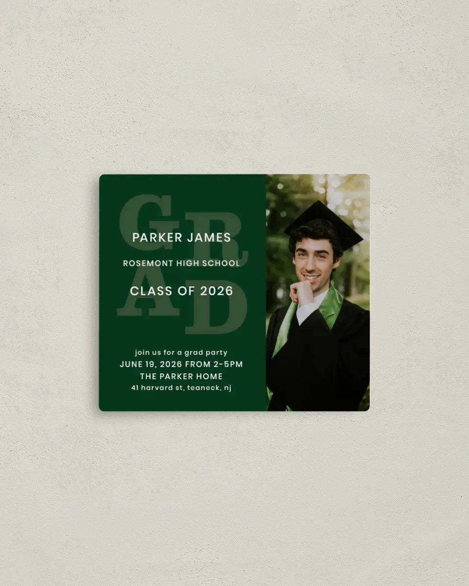 This is a 3½" x 4" Graduation Announcement Magnet called Layered Grad printed in full color with a Luxe Satin finish