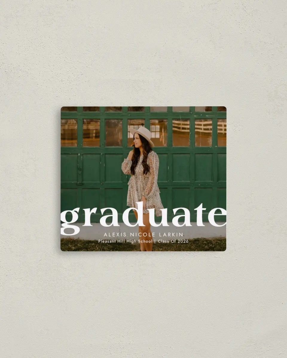 This is a 3½" x 4" Graduation Announcement Magnet called Bold Scholar printed in full color with a Luxe Satin finish