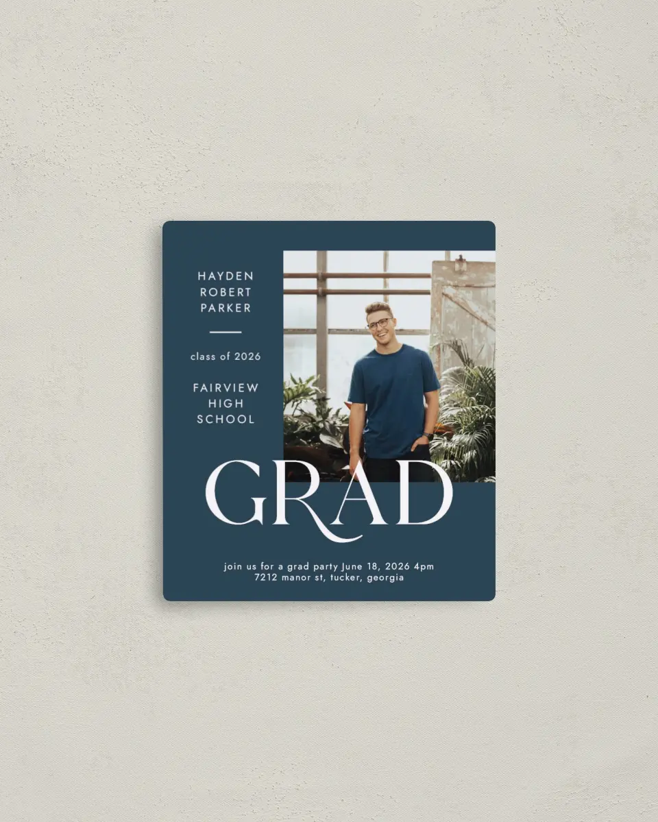 This is a 3½" x 4" Graduation Announcement Magnet called Onward Grad printed in full color with a Luxe Satin finish