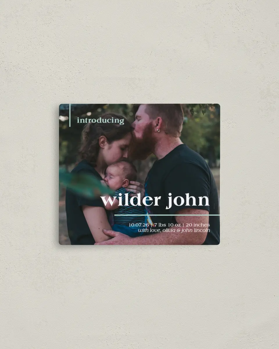This is a 3½" x 4" Birth Announcement Magnet called Introducing Babe printed in full color with a Luxe Satin finish