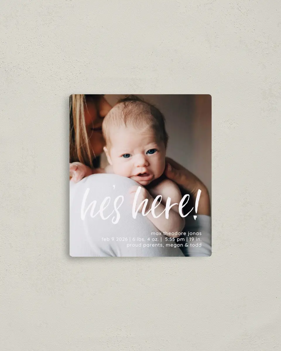 This is a 3½" x 4" Birth Announcement Magnet called He's Present printed in full color with a Luxe Satin finish
