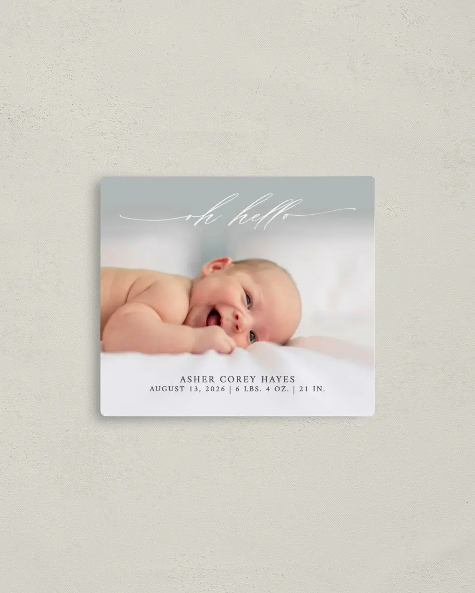 This is a 3½" x 4" Birth Announcement Magnet called Oh Hello printed in full color with a Luxe Satin finish