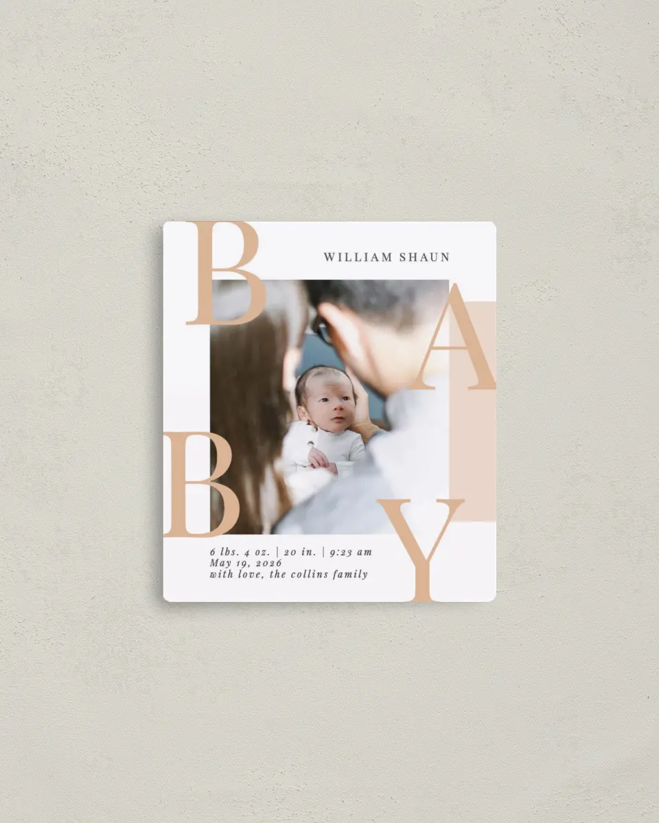 This is a 3½" x 4" Birth Announcement Magnet called Baby Case printed in full color with a Luxe Satin finish