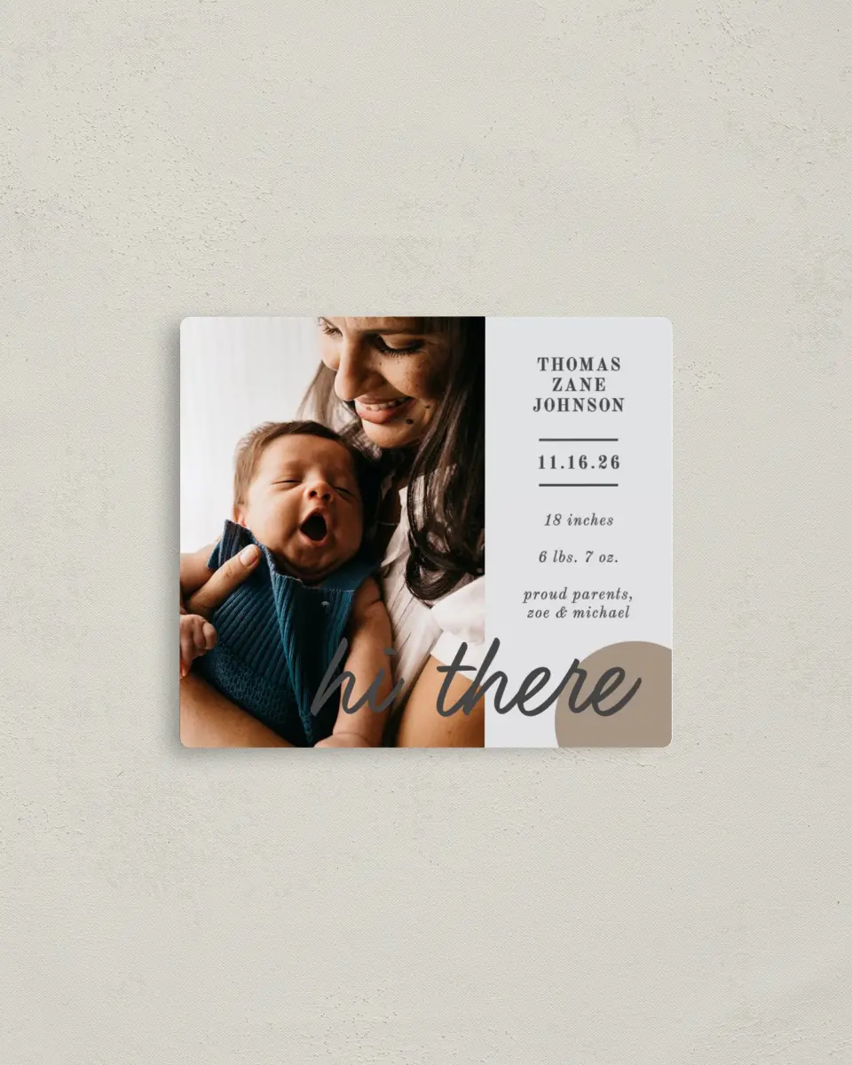 This is a 3½" x 4" Birth Announcement Magnet called Modern Spots printed in full color with a Luxe Satin finish