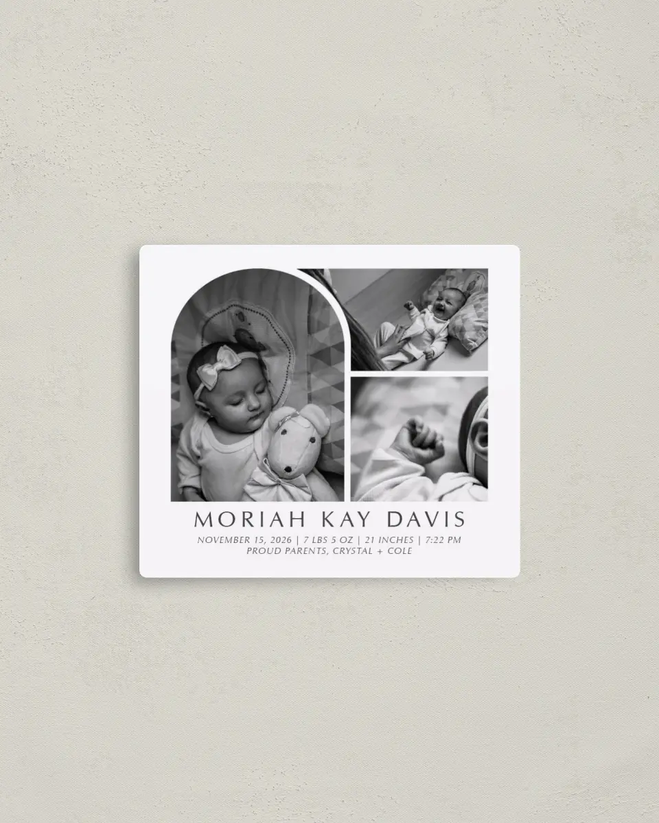 This is a 3½" x 4" Birth Announcement Magnet called Photo Arch printed in full color with a Luxe Satin finish