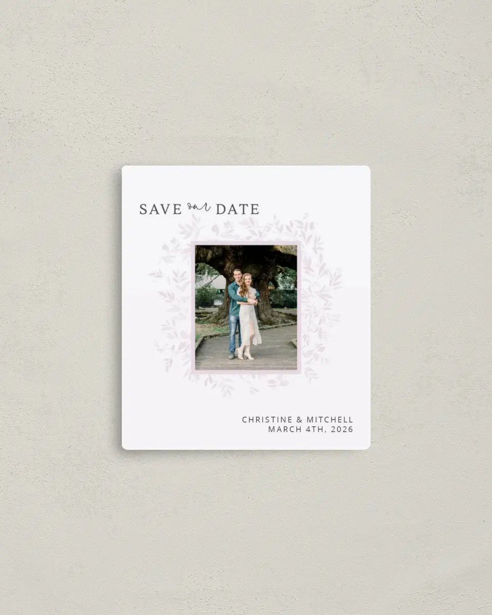 This is a 3½" x 4" Save the Date Magnet called Lush Leaves printed in full color with a Luxe Satin finish