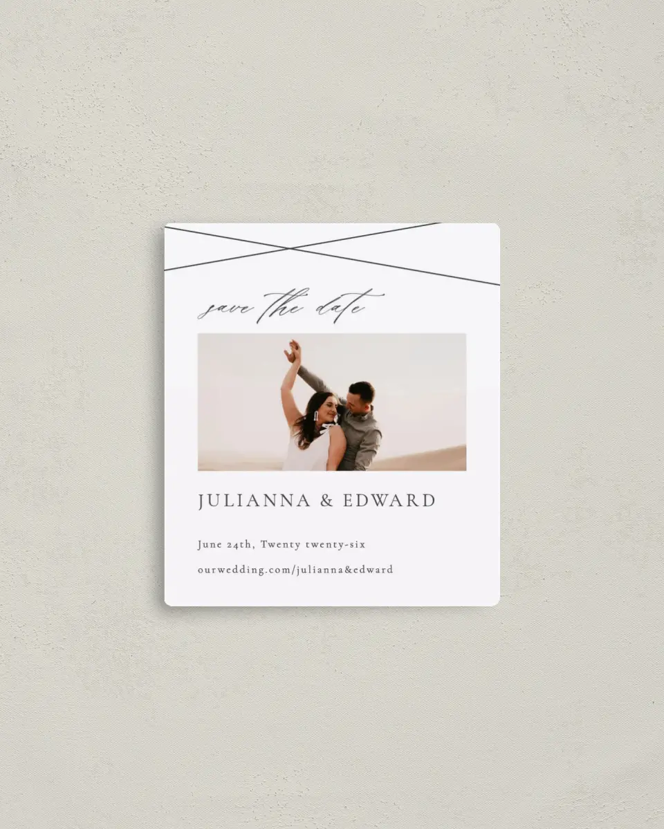 This is a 3½" x 4" Save the Date Magnet called Distinct Lines printed in full color with a Luxe Satin finish
