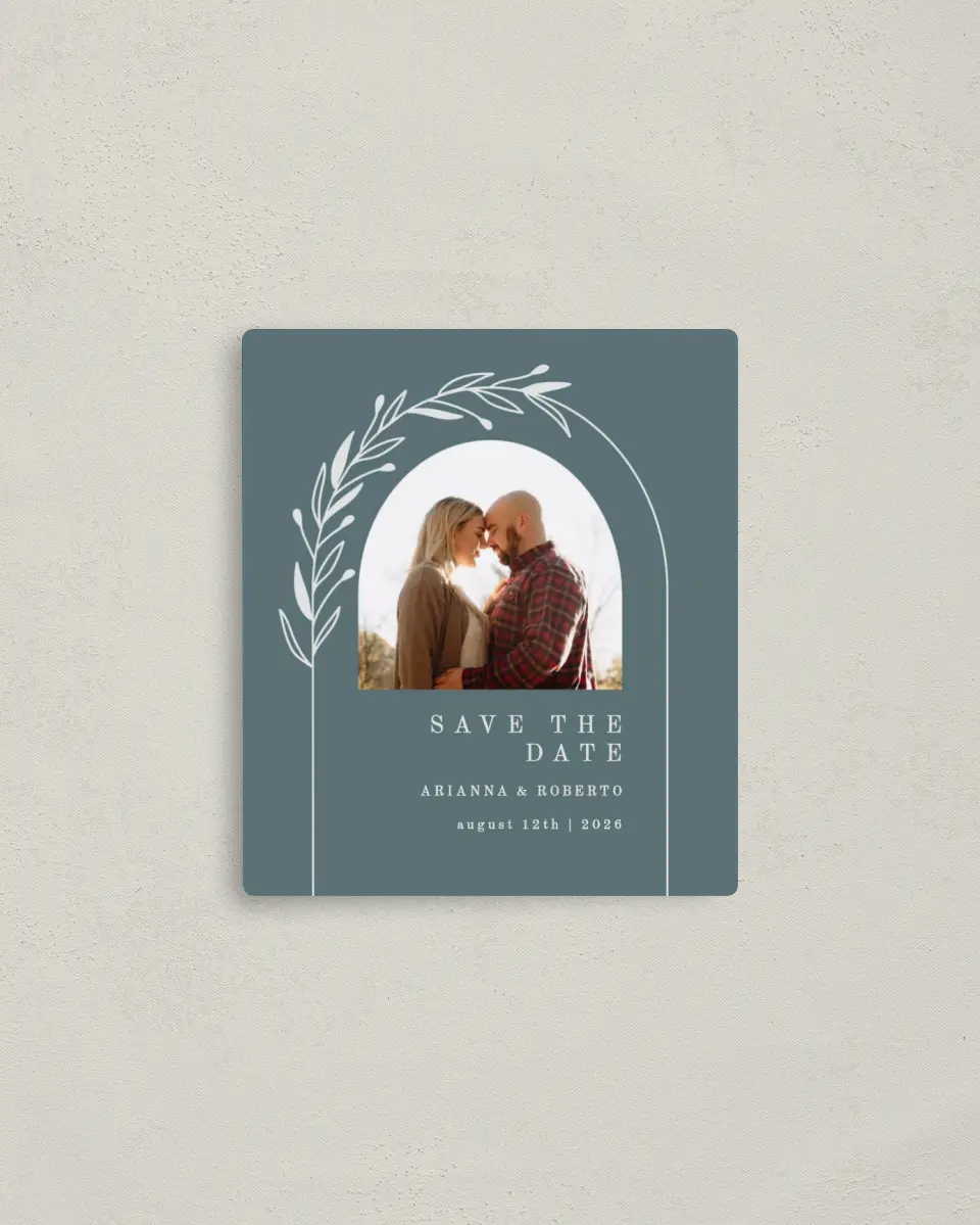 This is a 3½" x 4" Save the Date Magnet called Growing Arc printed in full color with Rose Gold foil and a Luxe Satin finish
