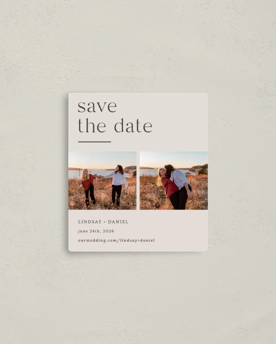 This is a 3½" x 4" Save the Date Magnet called Simple Gathering printed in full color with a Luxe Satin finish