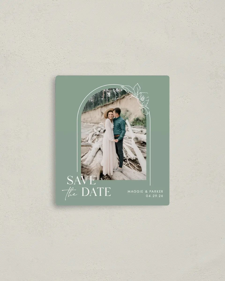 This is a 3½" x 4" Save the Date Magnet called Blossoming Arch printed in full color with a Luxe Satin finish