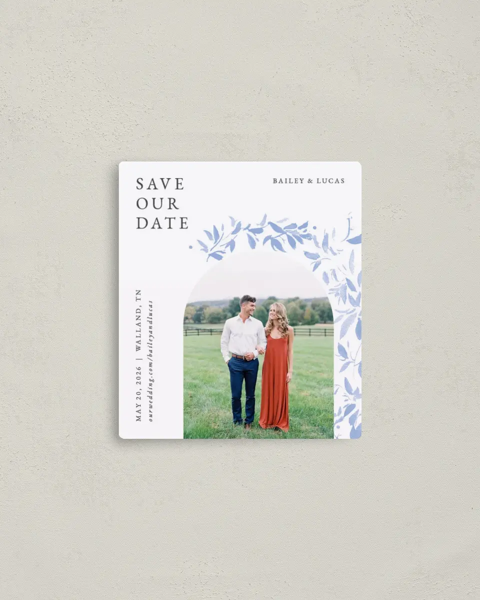 This is a 3½" x 4" Save the Date Magnet called Soft Botanics printed in full color with a Luxe Satin finish