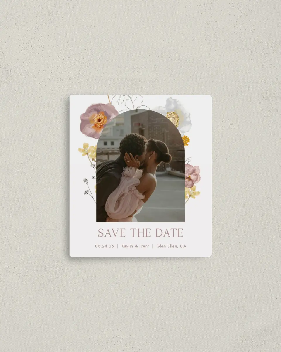 This is a 3½" x 4" Save the Date Magnet called Enchanting Wildflowers printed in full color with a Luxe Satin finish