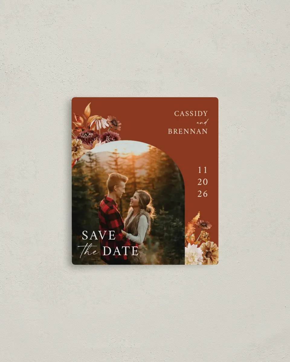 This is a 3½" x 4" Save the Date Magnet called Autumn Florals printed in full color with a Luxe Satin finish