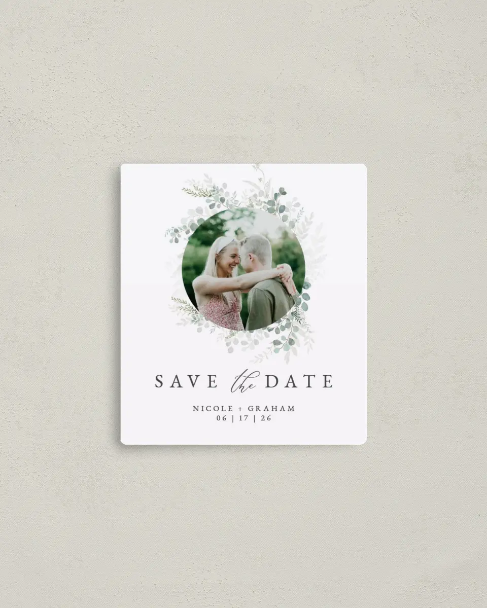 This is a 3½" x 4" Save the Date Magnet called Elegant Greenery printed in full color with a Luxe Satin finish