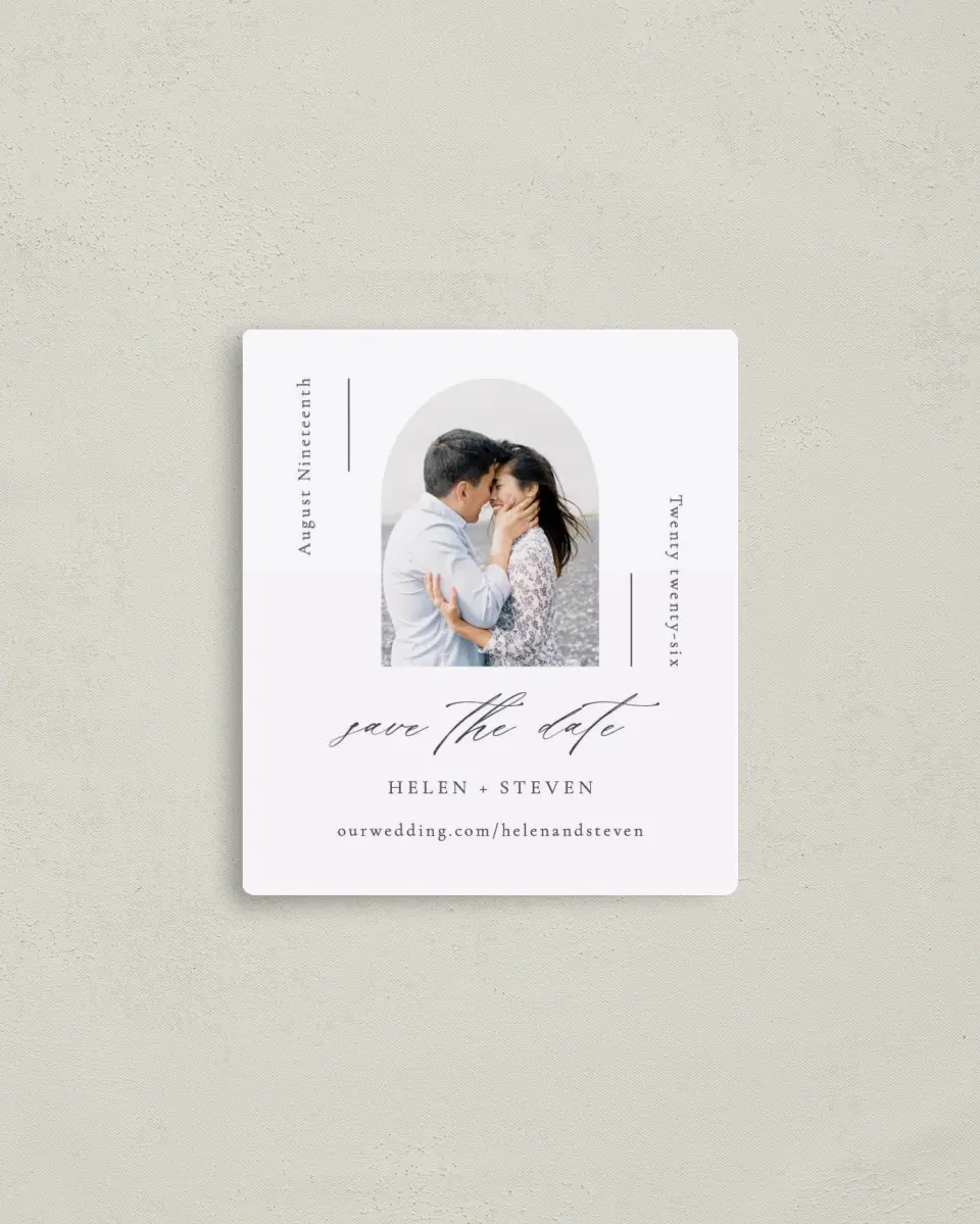 This is a 3½" x 4" Save the Date Magnet called Quiet Scene printed in full color with a Luxe Satin finish