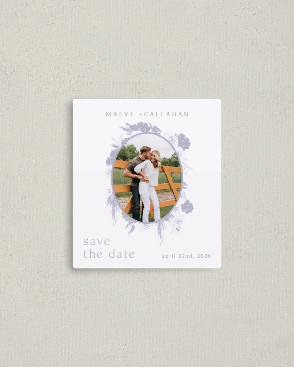 This is a 3½" x 4" Save the Date Magnet called Sweet Botanical printed in full color with a Luxe Satin finish