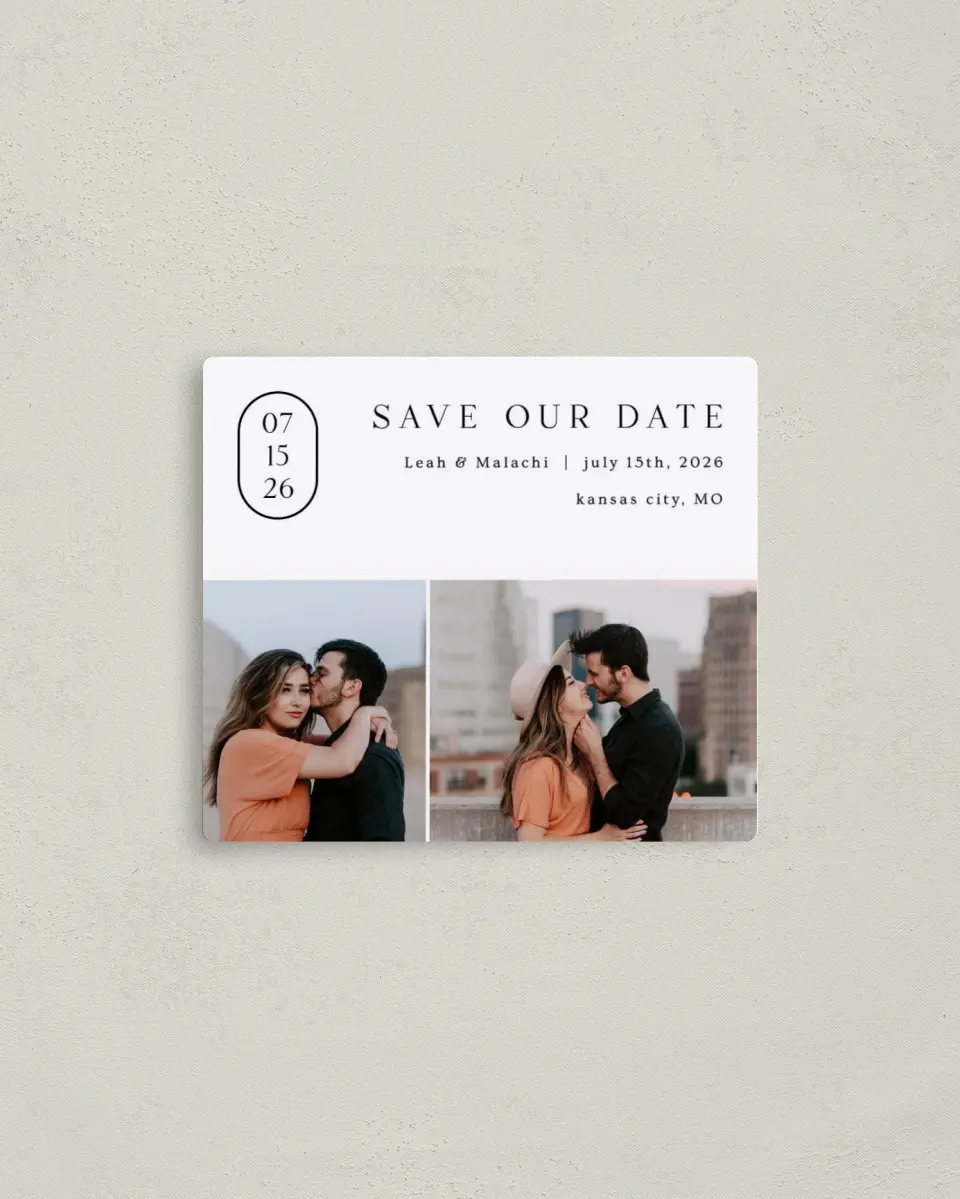 This is a 3½" x 4" Save the Date Magnet called Precise Promise printed in full color with a Luxe Satin finish