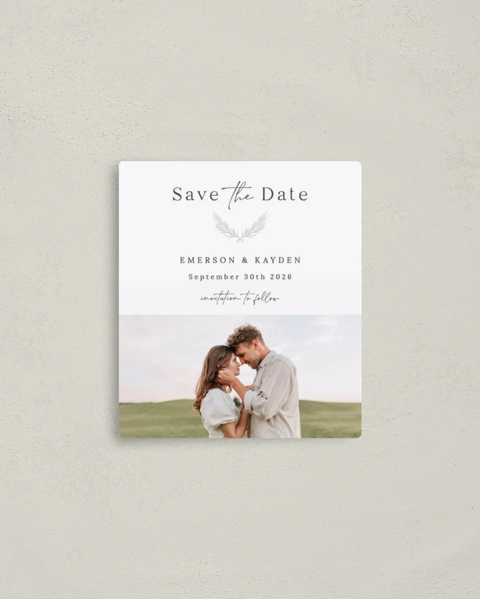 This is a 3½" x 4" Save the Date Magnet called Soft Sprig printed in full color with a Luxe Satin finish
