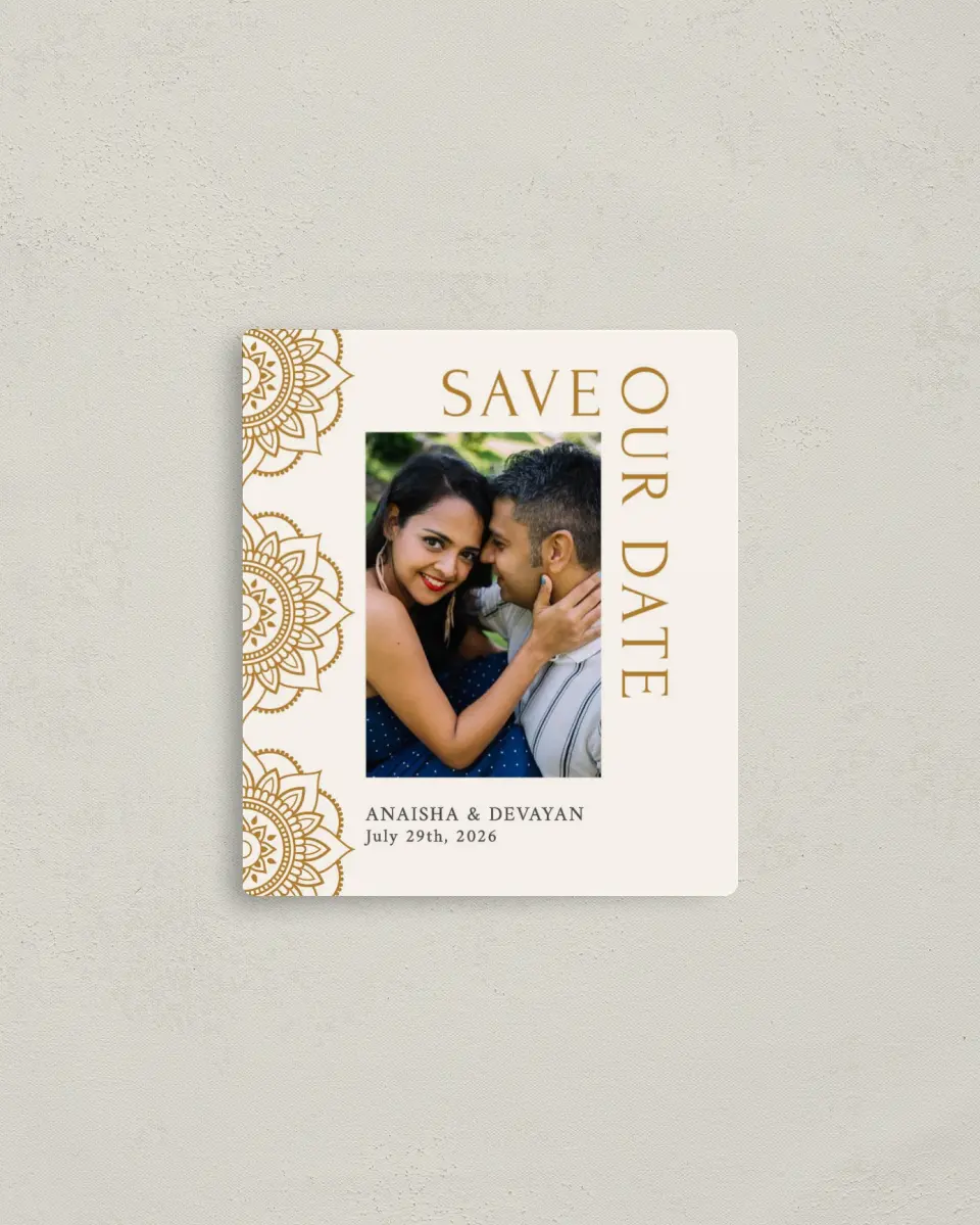 This is a 3½" x 4" Save the Date Magnet called Indian Mandala printed in full color with a Luxe Satin finish