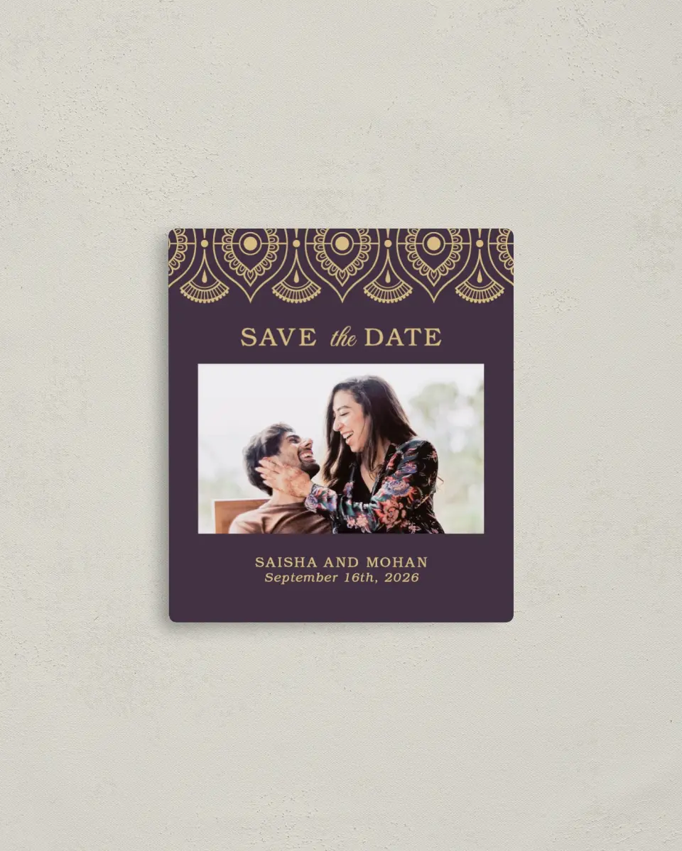 This is a 3½" x 4" Save the Date Magnet called Royal Pattern printed in full color with a Luxe Satin finish