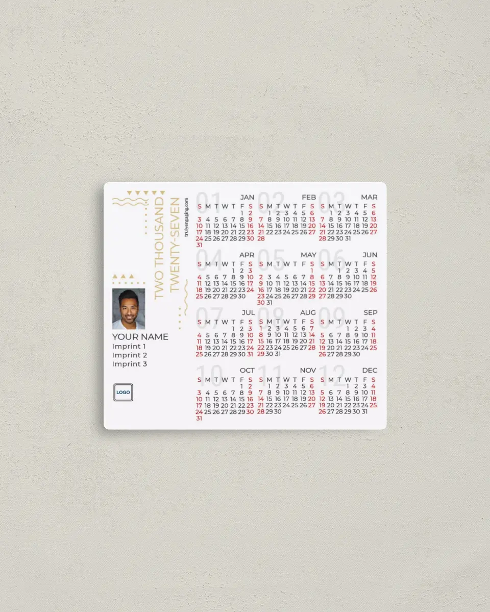 This is a 3½" x 4" Full Magnet Calendar called Decorative Marks printed in full color with a Standard Gloss finish