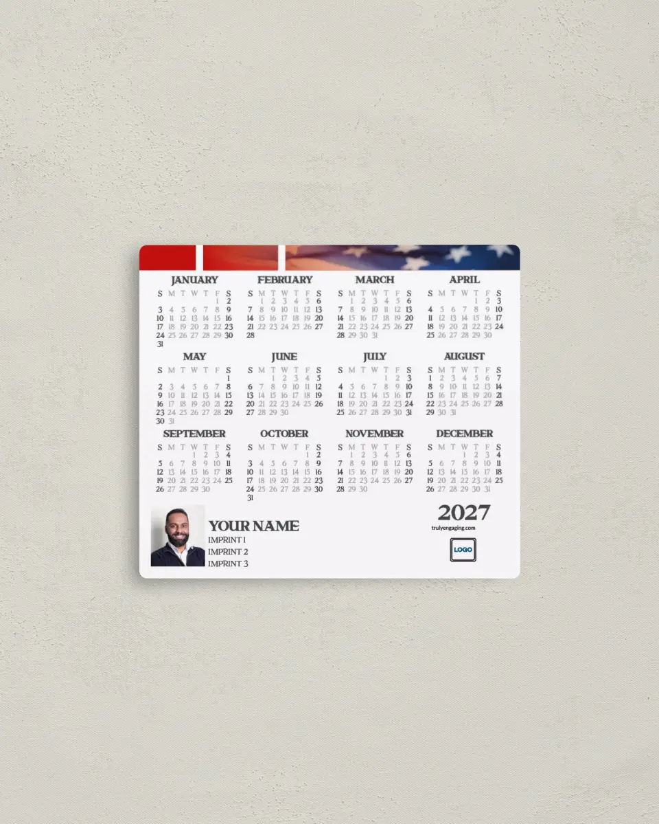 This is a 3½" x 4" Full Magnet Calendar called Patriotic Gradient printed in full color with a Standard Gloss finish