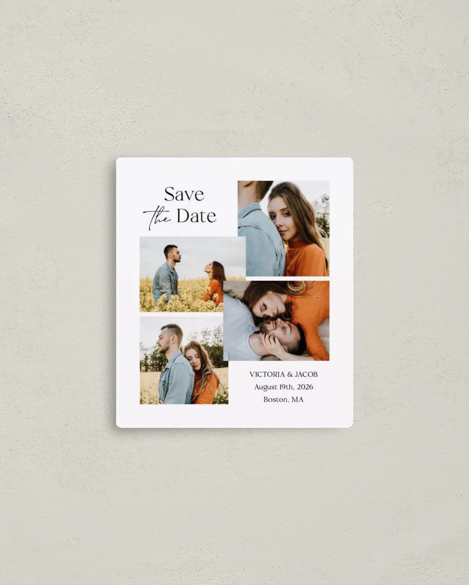 This is a 3½" x 4" Save the Date Magnet called Captured Love printed in full color with a Luxe Satin finish