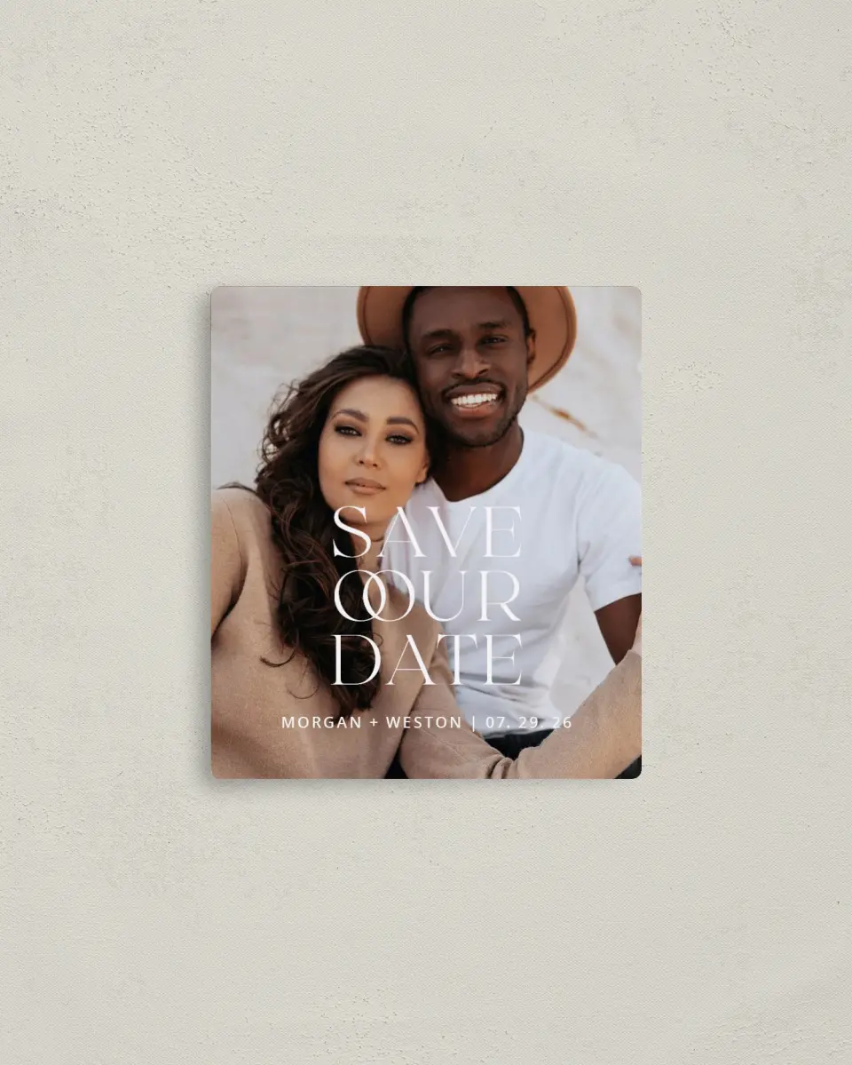 This is a 3½" x 4" Save the Date Magnet called Pure Symbol printed in full color with Rose Gold foil and a Luxe Satin finish
