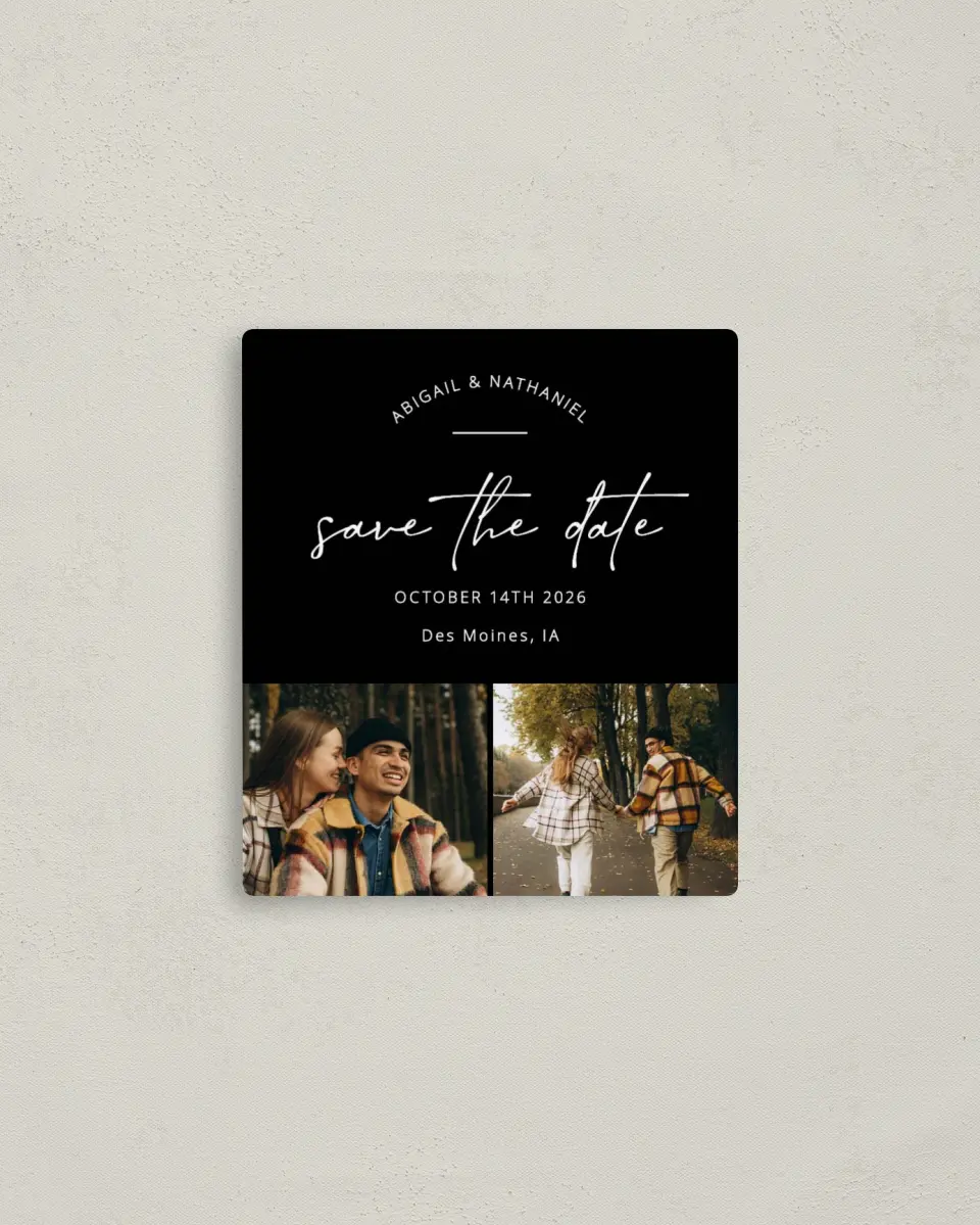 This is a 3½" x 4" Save the Date Magnet called Tidy Time printed in full color with a Luxe Satin finish
