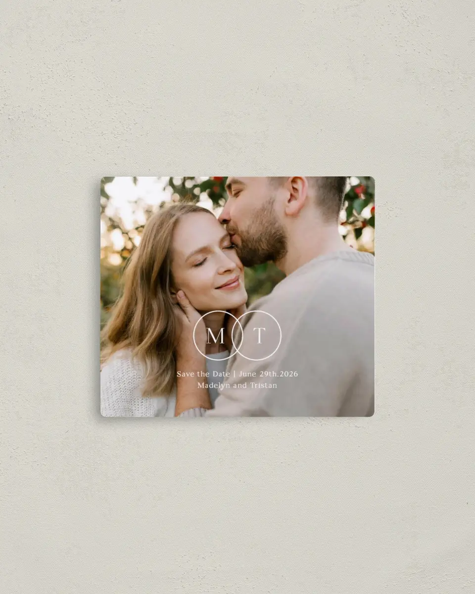 This is a 3½" x 4" Save the Date Magnet called Bright Initials printed in full color with a Luxe Satin finish