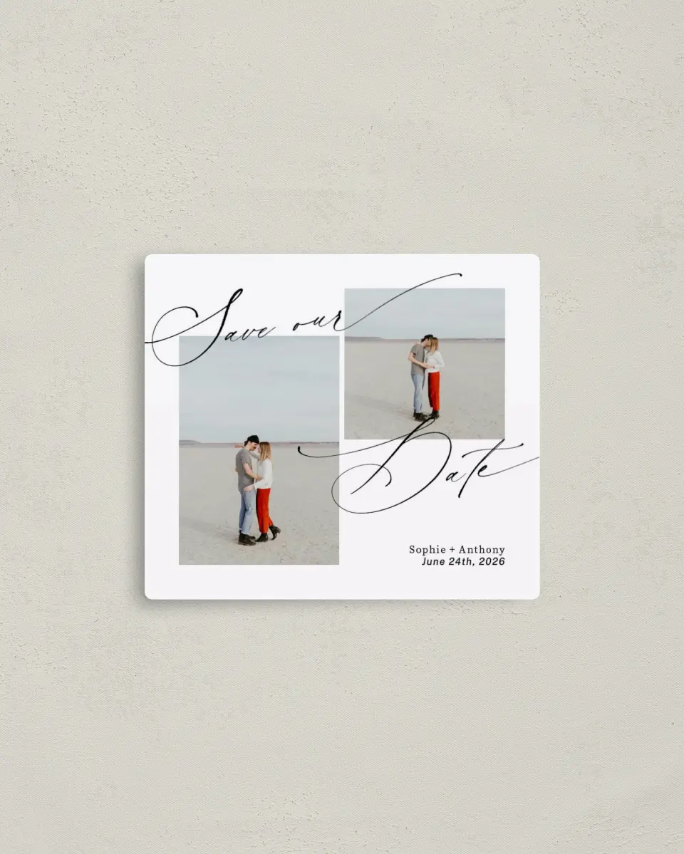 This is a 3½" x 4" Save the Date Magnet called Graceful Script printed in full color with a Luxe Satin finish