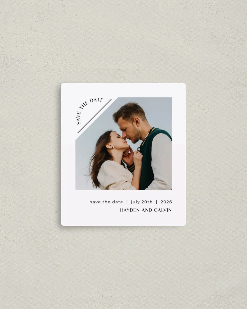 This is a 3½" x 4" Save the Date Magnet called Neat Niche printed in full color with a Luxe Satin finish