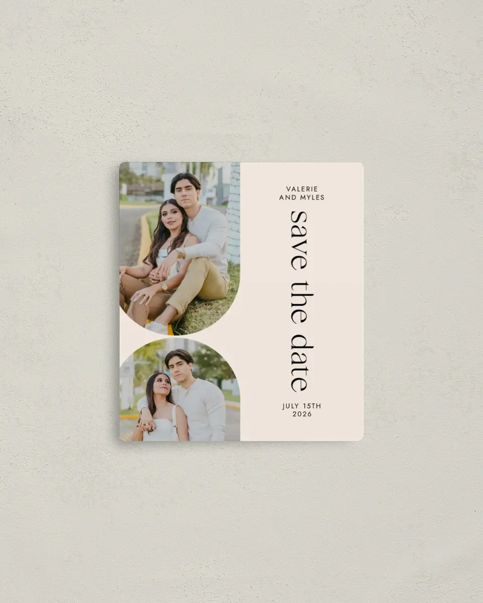 This is a 3½" x 4" Save the Date Magnet called Spotless Curve printed in full color with a Luxe Satin finish