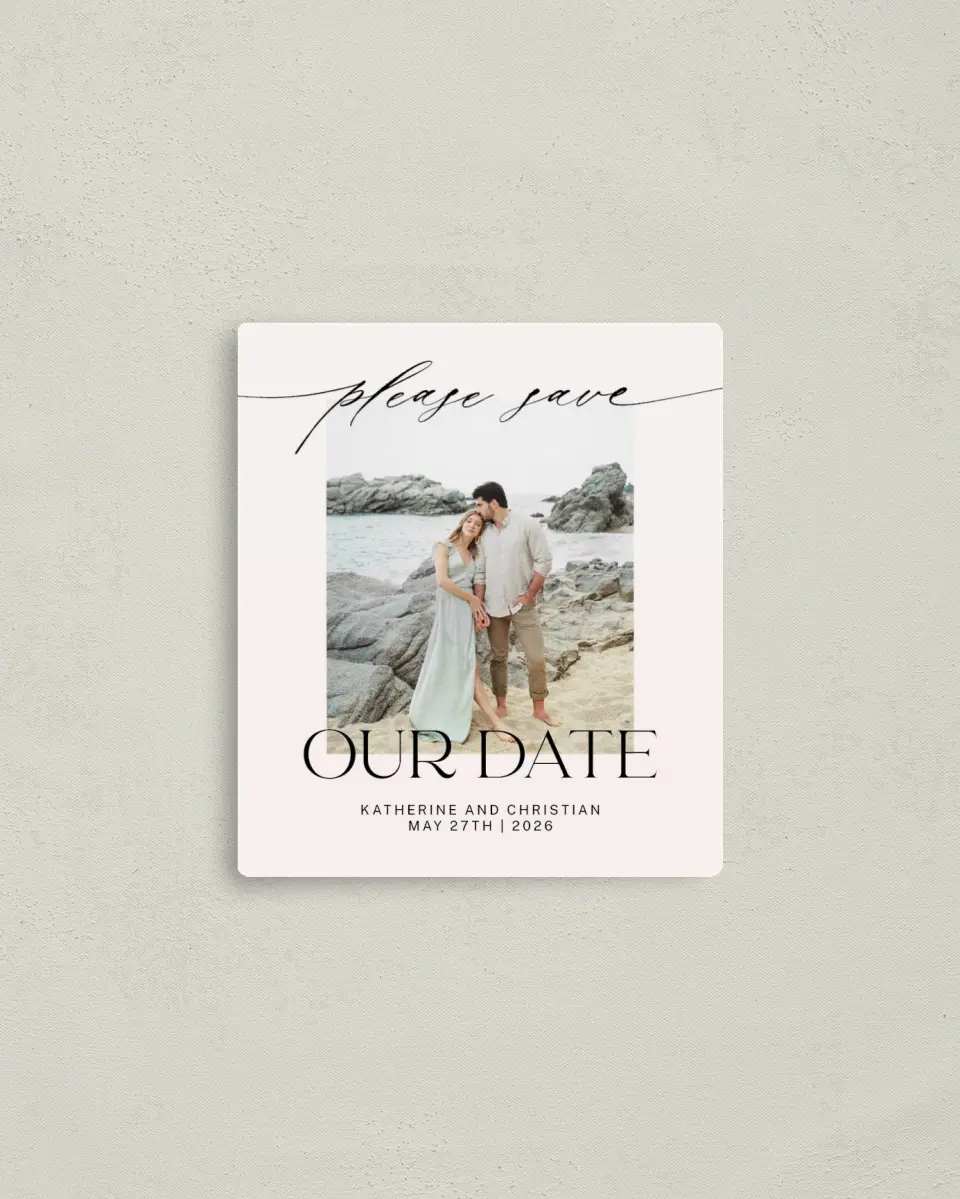 This is a 3½" x 4" Save the Date Magnet called Connected Couple printed in full color with a Luxe Satin finish