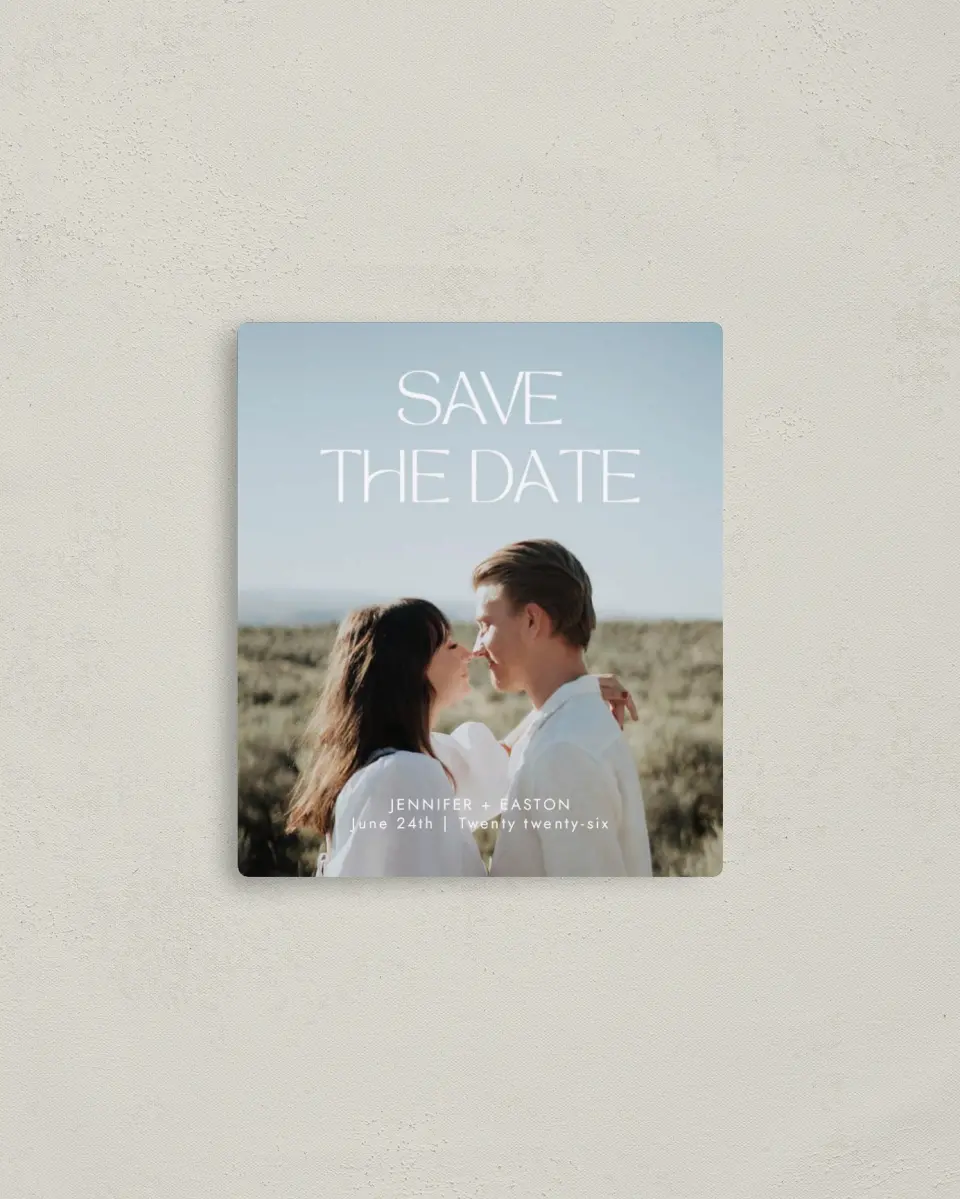 This is a 3½" x 4" Save the Date Magnet called Soft Style printed in full color with a Luxe Satin finish