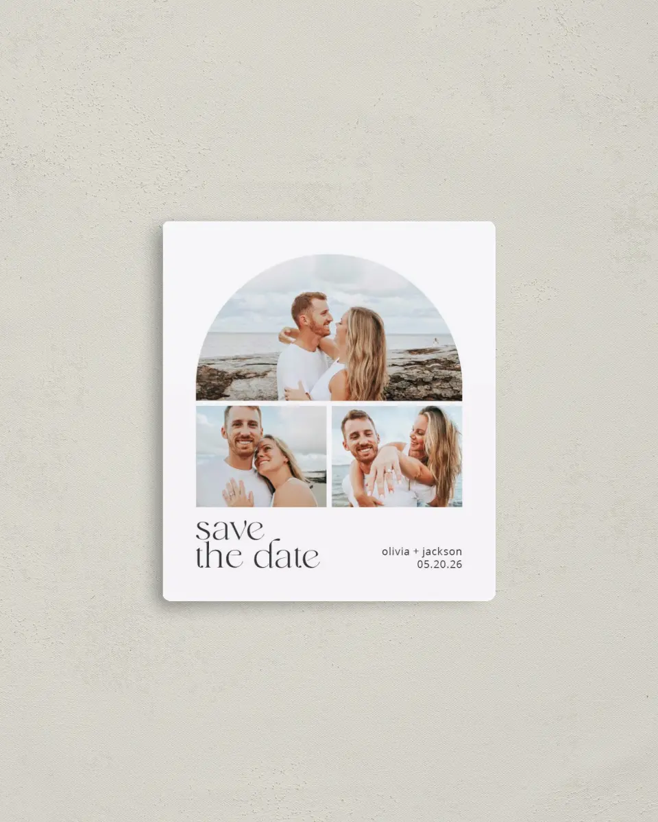 This is a 3½" x 4" Save the Date Magnet called Cheerful Curve printed in full color with a Luxe Satin finish