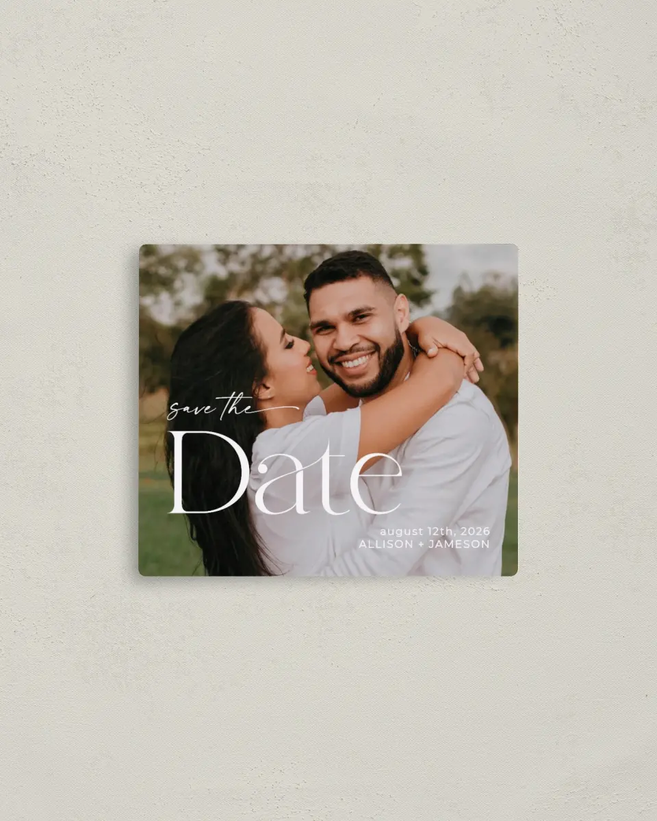 This is a 3½" x 4" Save the Date Magnet called Grand Date printed in full color with a Luxe Satin finish