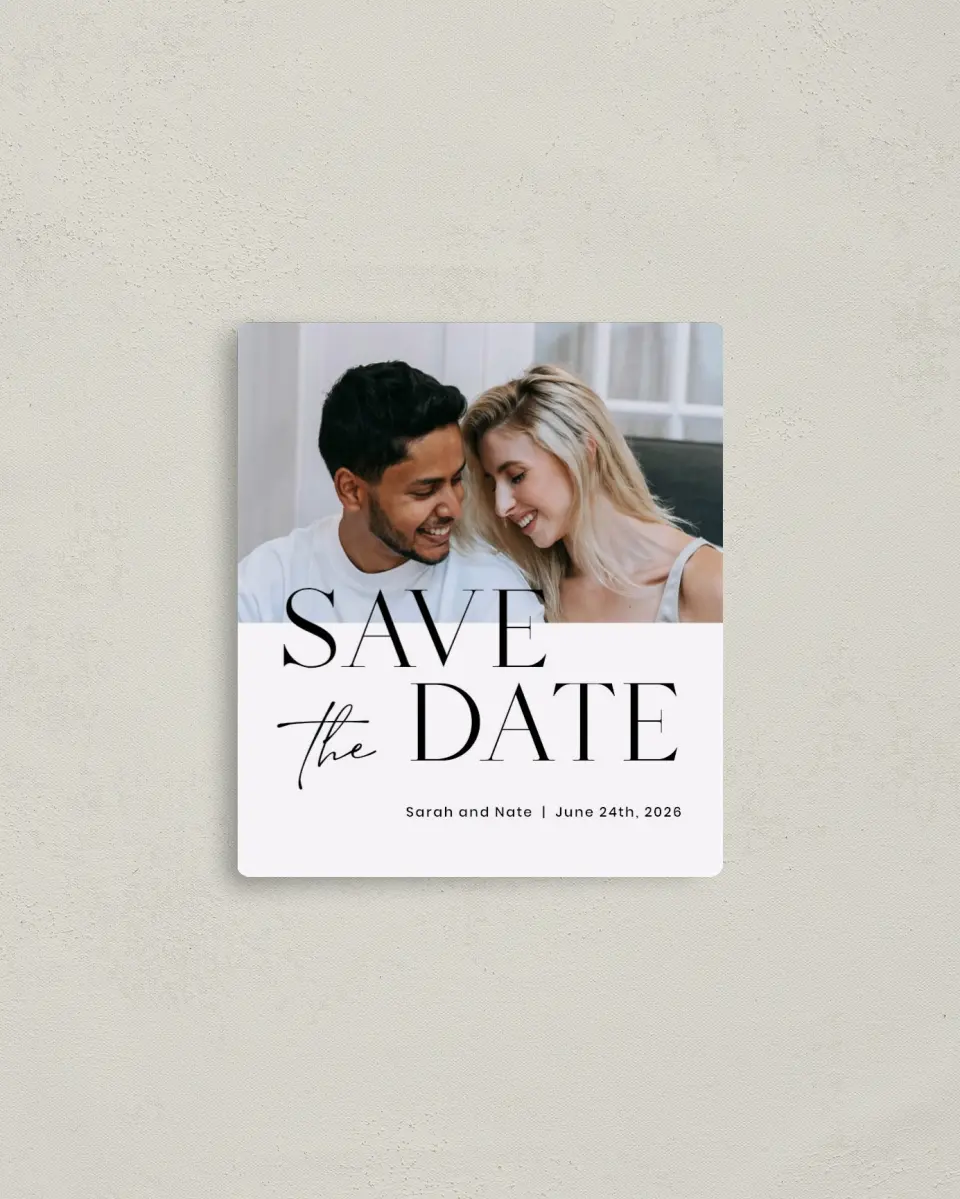This is a 3½" x 4" Save the Date Magnet called Alluring Type printed in full color with a Luxe Satin finish