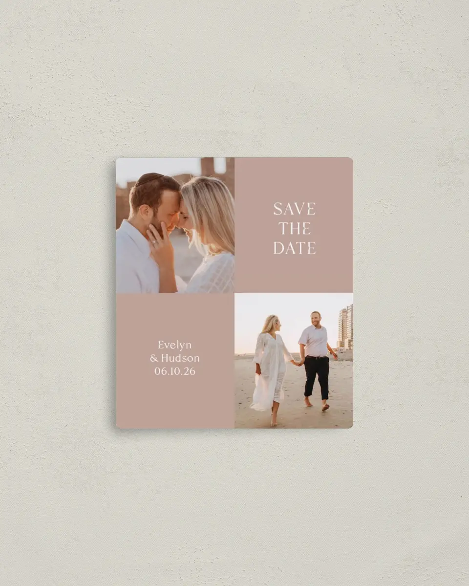 This is a 3½" x 4" Save the Date Magnet called Daring Duo printed in full color with Rose Gold foil and a Luxe Satin finish