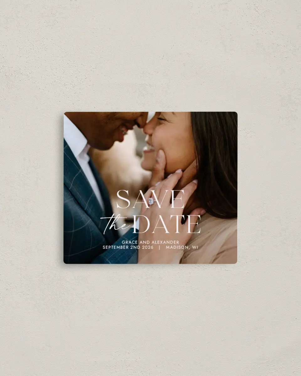 This is a 3½" x 4" Save the Date Magnet called Confident Couple printed in full color with a Luxe Satin finish