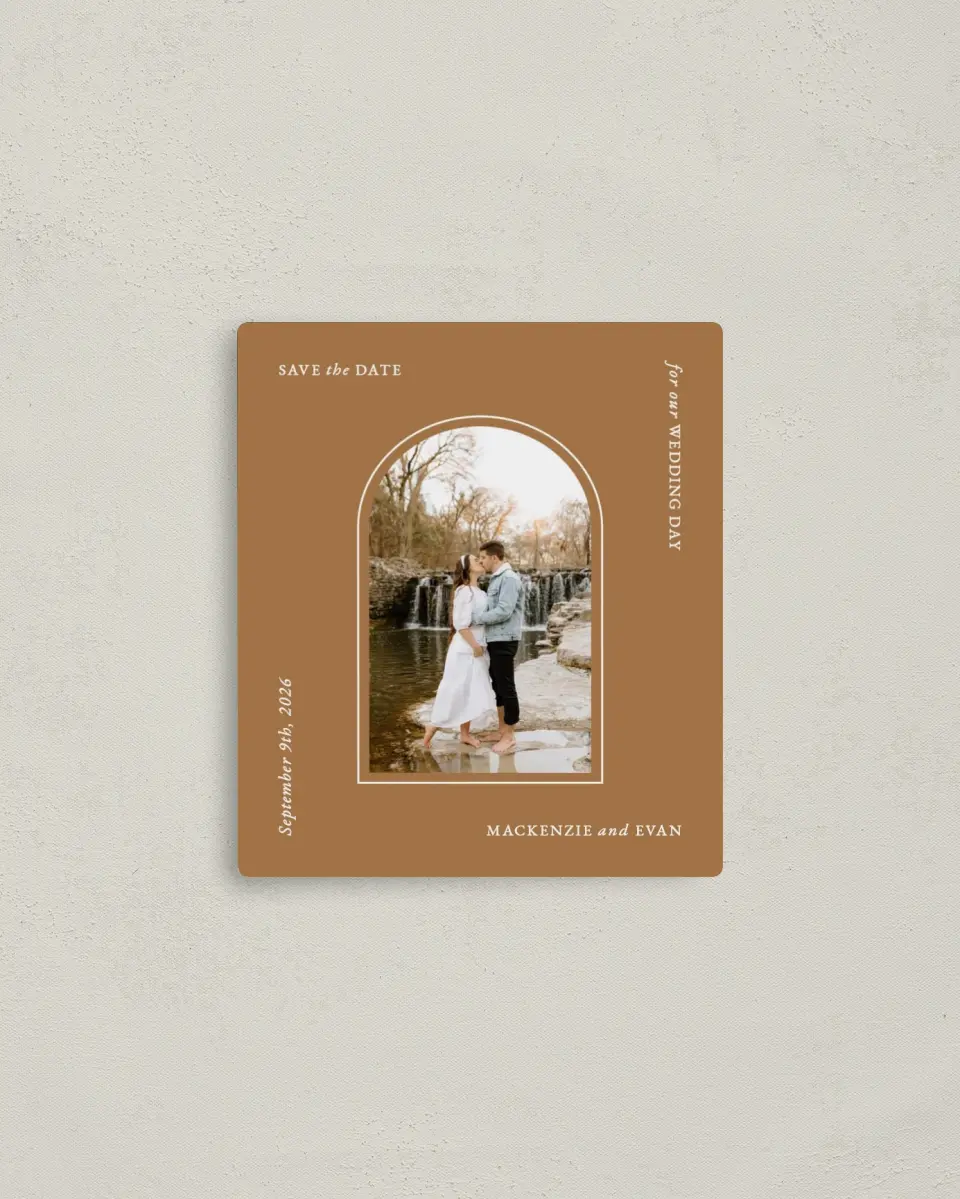 This is a 3½" x 4" Save the Date Magnet called Steady Adoration printed in full color with a Luxe Satin finish