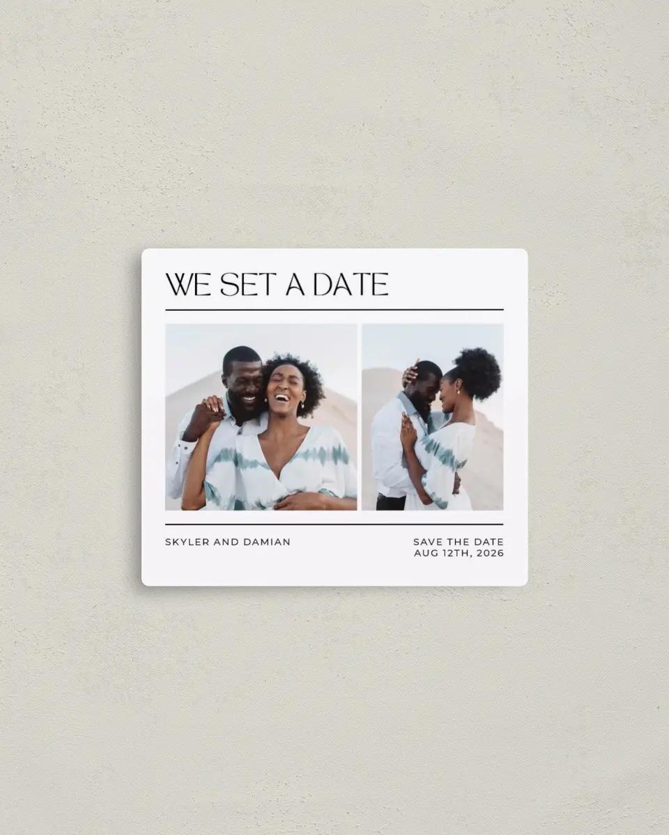 This is a 3½" x 4" Save the Date Magnet called Savvy Set printed in full color with a Luxe Satin finish