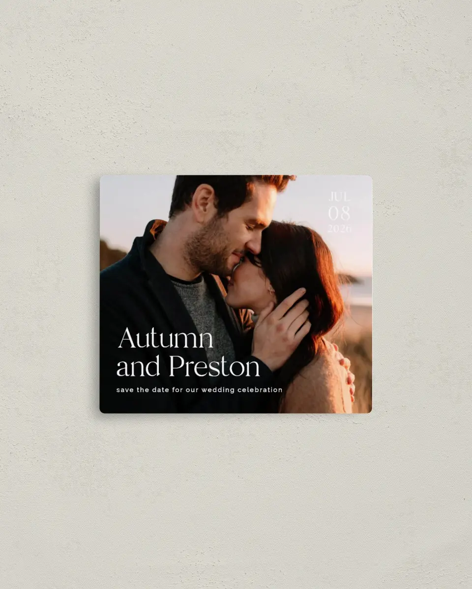 This is a 3½" x 4" Save the Date Magnet called Strong Soul printed in full color with a Luxe Satin finish