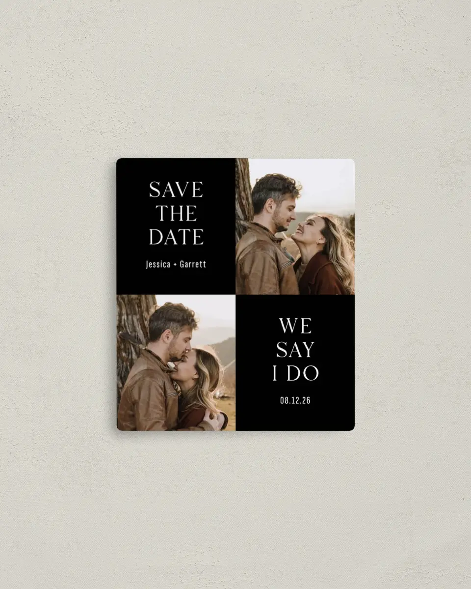 This is a 3½" x 4" Save the Date Magnet called Smart Setting printed in full color with Rose Gold foil and a Luxe Satin finish