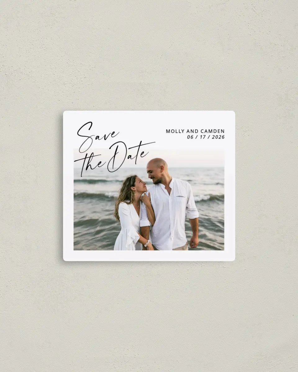 This is a 3½" x 4" Save the Date Magnet called Gentle Spark printed in full color with a Luxe Satin finish