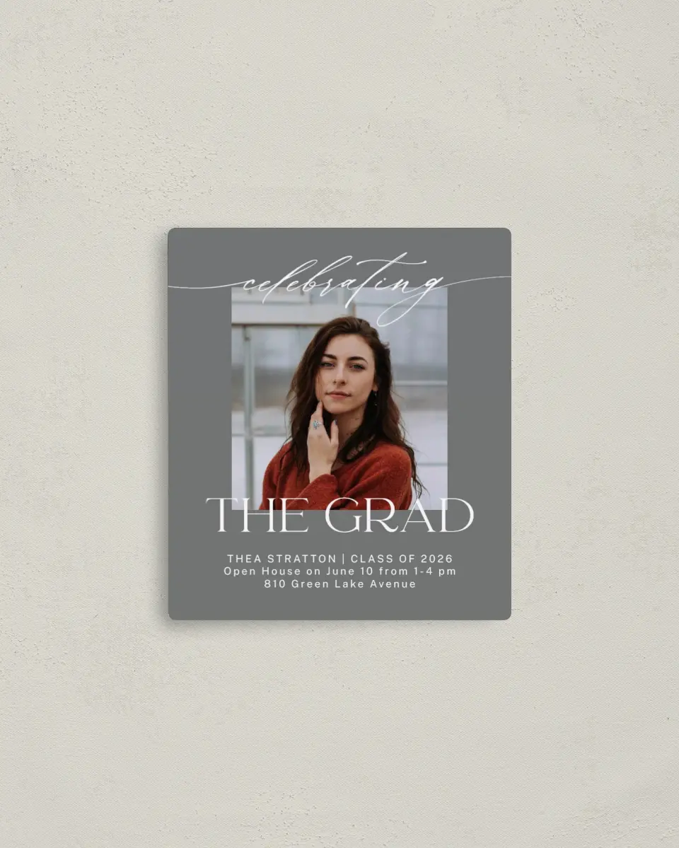 This is a 3½" x 4" Graduation Announcement Magnet called Cool Celebration printed in full color with a Luxe Satin finish
