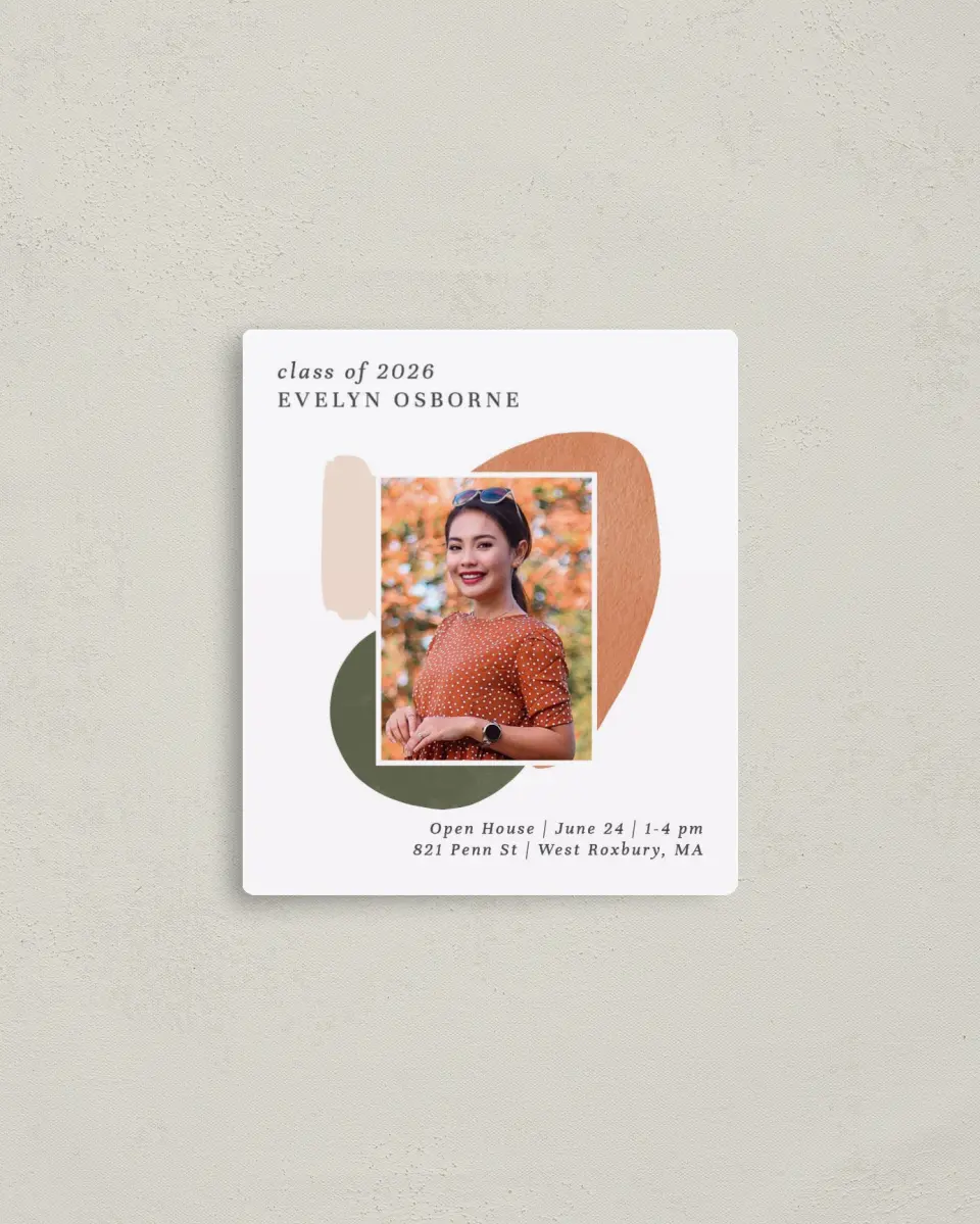 This is a 3½" x 4" Graduation Announcement Magnet called Painted Progress printed in full color with a Luxe Satin finish