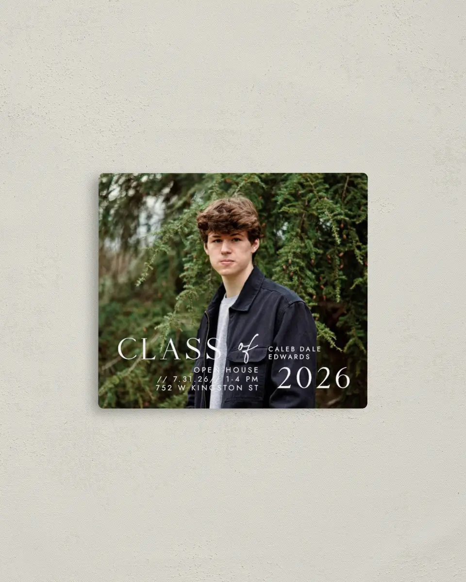 This is a 3½" x 4" Graduation Announcement Magnet called New Start printed in full color with a Luxe Satin finish