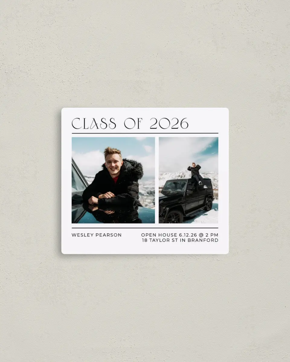 This is a 3½" x 4" Graduation Announcement Magnet called Big Finish printed in full color with a Luxe Satin finish